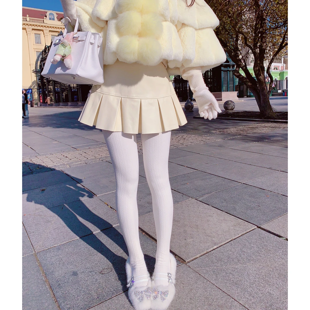 MissLuxury【凤梨酥】真皮绵羊皮裙百褶裙女秋冬半身裙保暖少女感