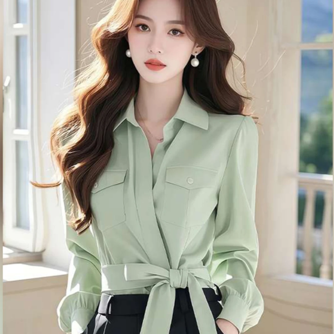 绿色polo领蝴蝶结系带长袖衬衫衬衣女2025新款开春季韩系高级上衣