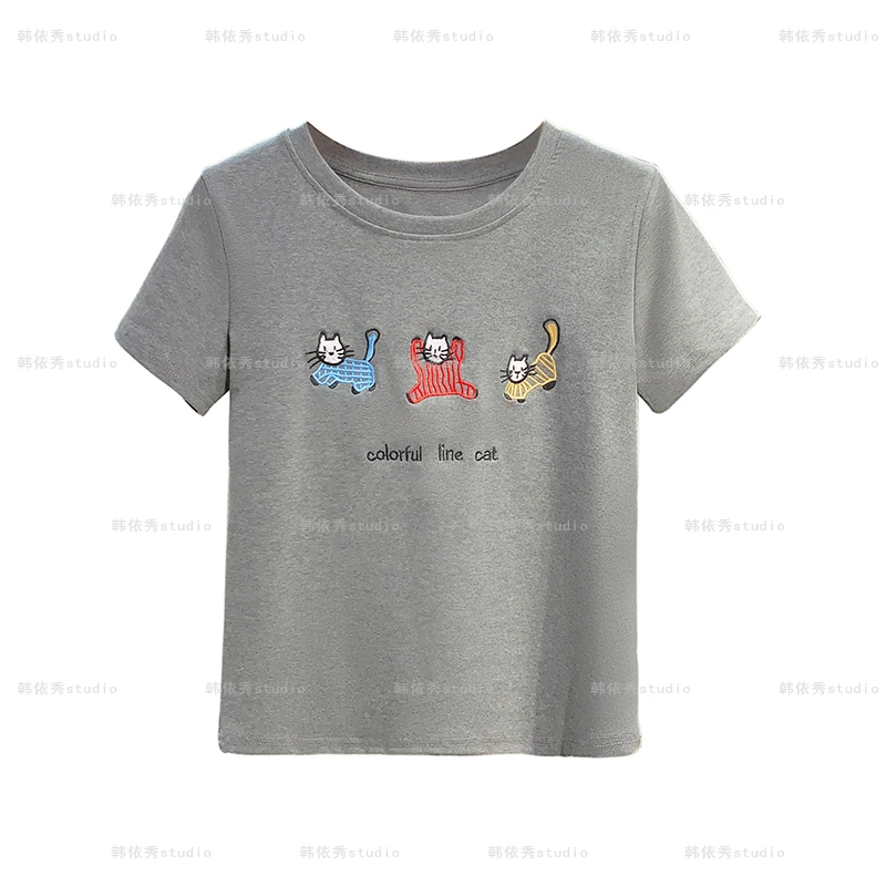 【三只小猫】减龄刺绣短袖T恤女夏季韩版休闲学生圆领半袖洋气上衣