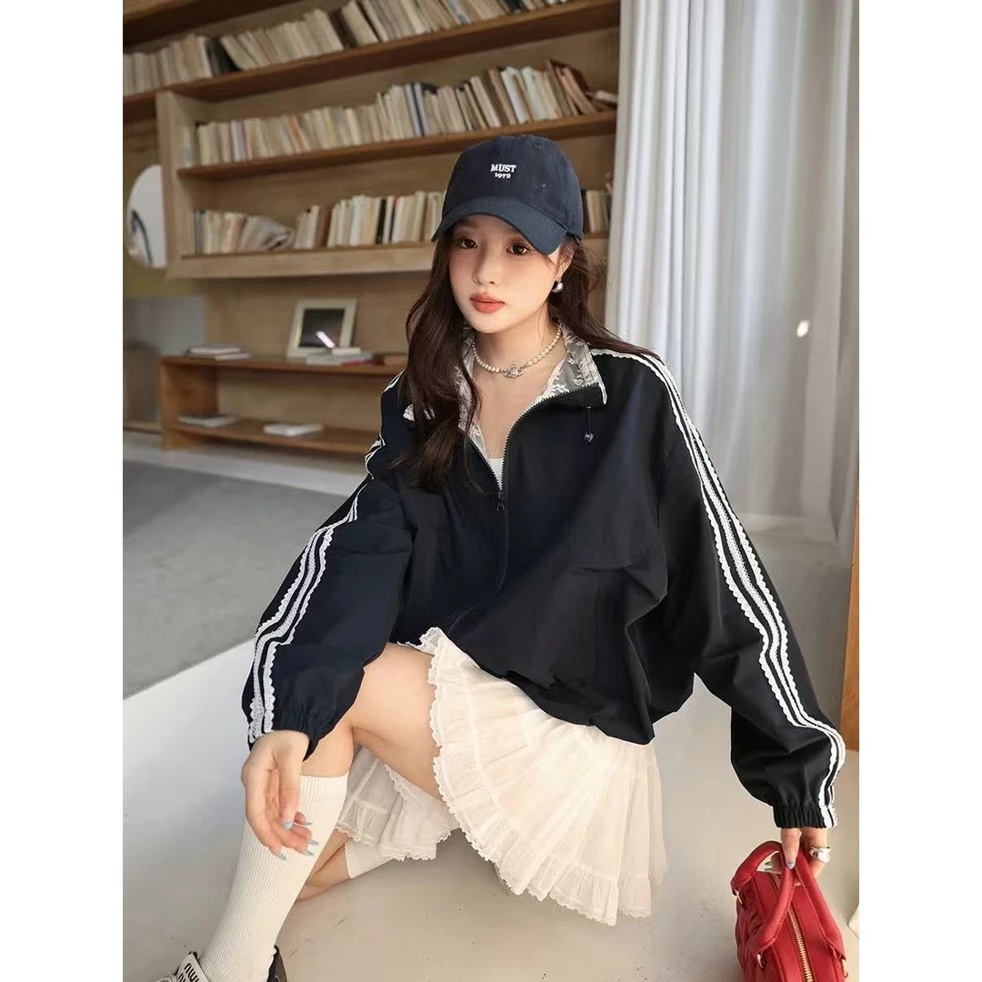蕾丝花边拼接立领外套女洋气别致拉链夹克804#