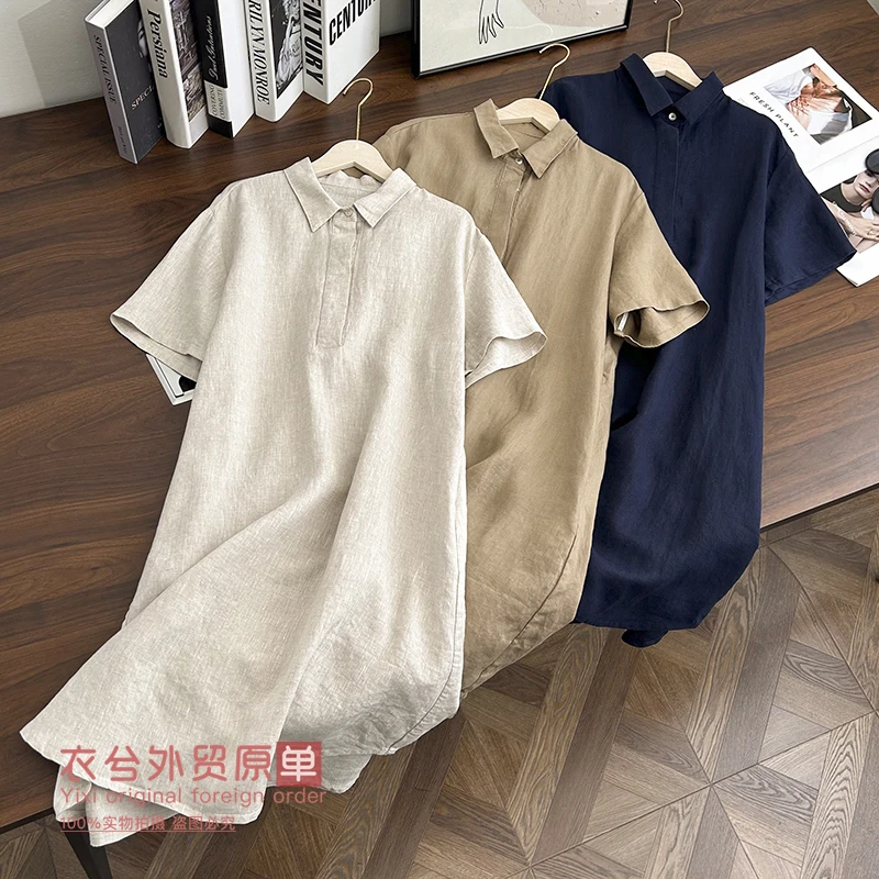 （日系简约亚麻裙）8537夏季高级感舒适宽松休闲半开襟连衣裙D