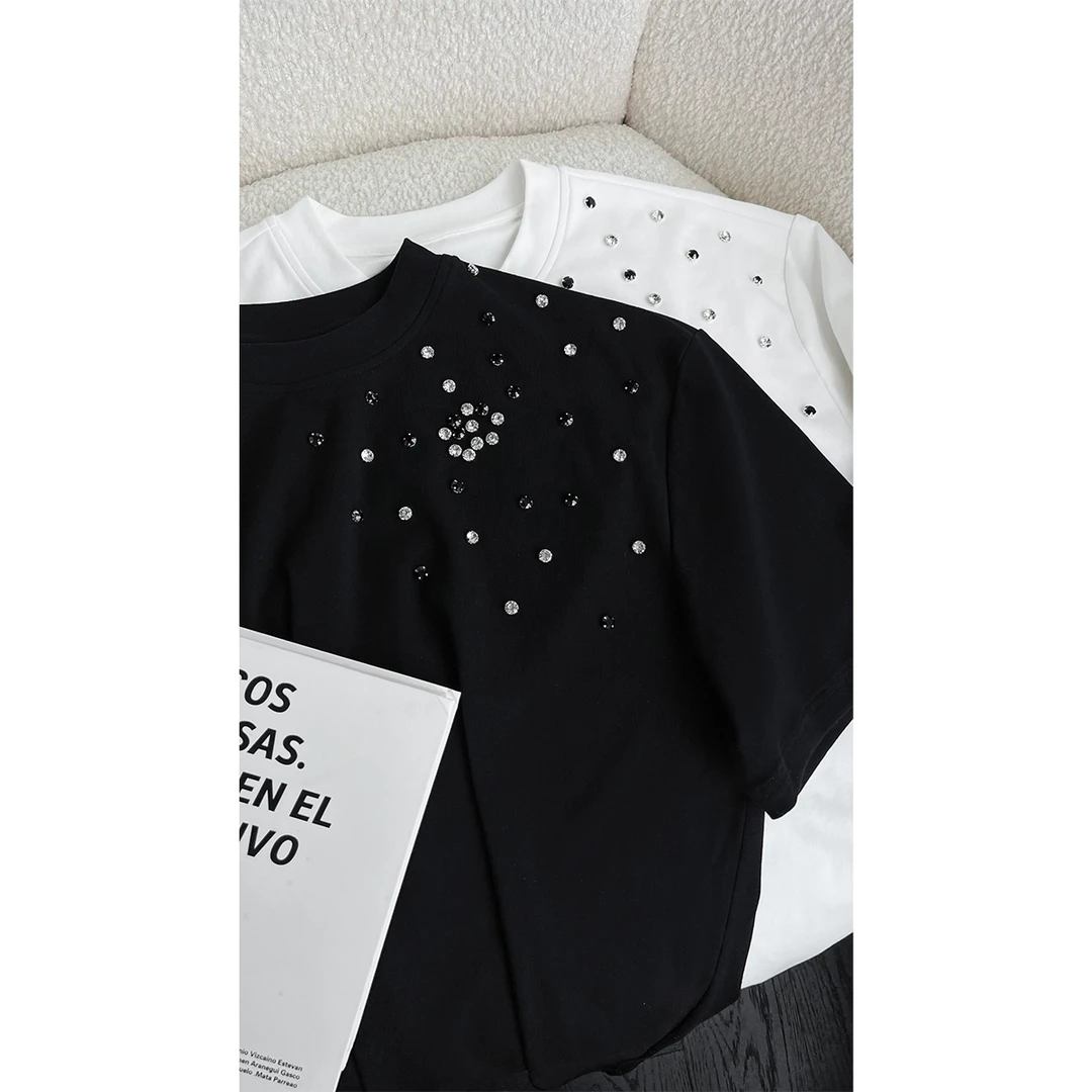 龙叨叨夏季新款潮流美式高级感仿钻设计宽松圆领百搭短袖T恤