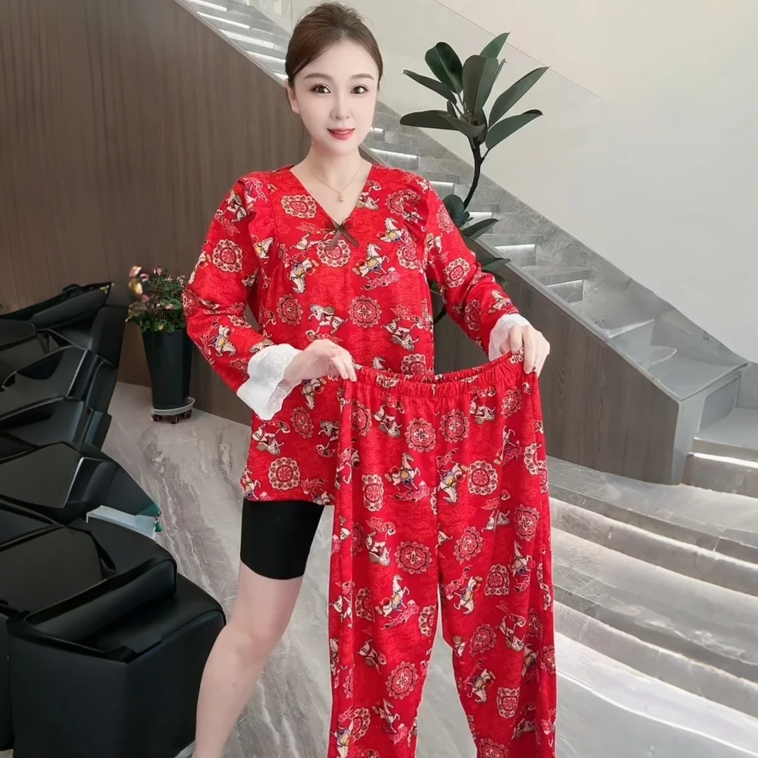 新中式中国风马年本命红盘扣磨毛女士长袖保暖睡衣家居服套装