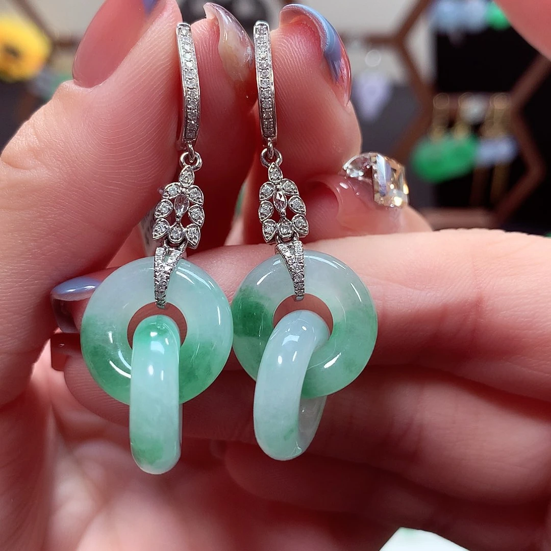 翡翠耳饰18K金镶嵌天然翡翠