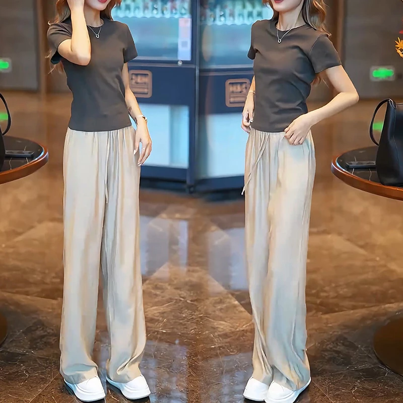 休闲时尚套装女宽松夏季新款圆领短袖T恤上衣山本阔腿裤子两件套
