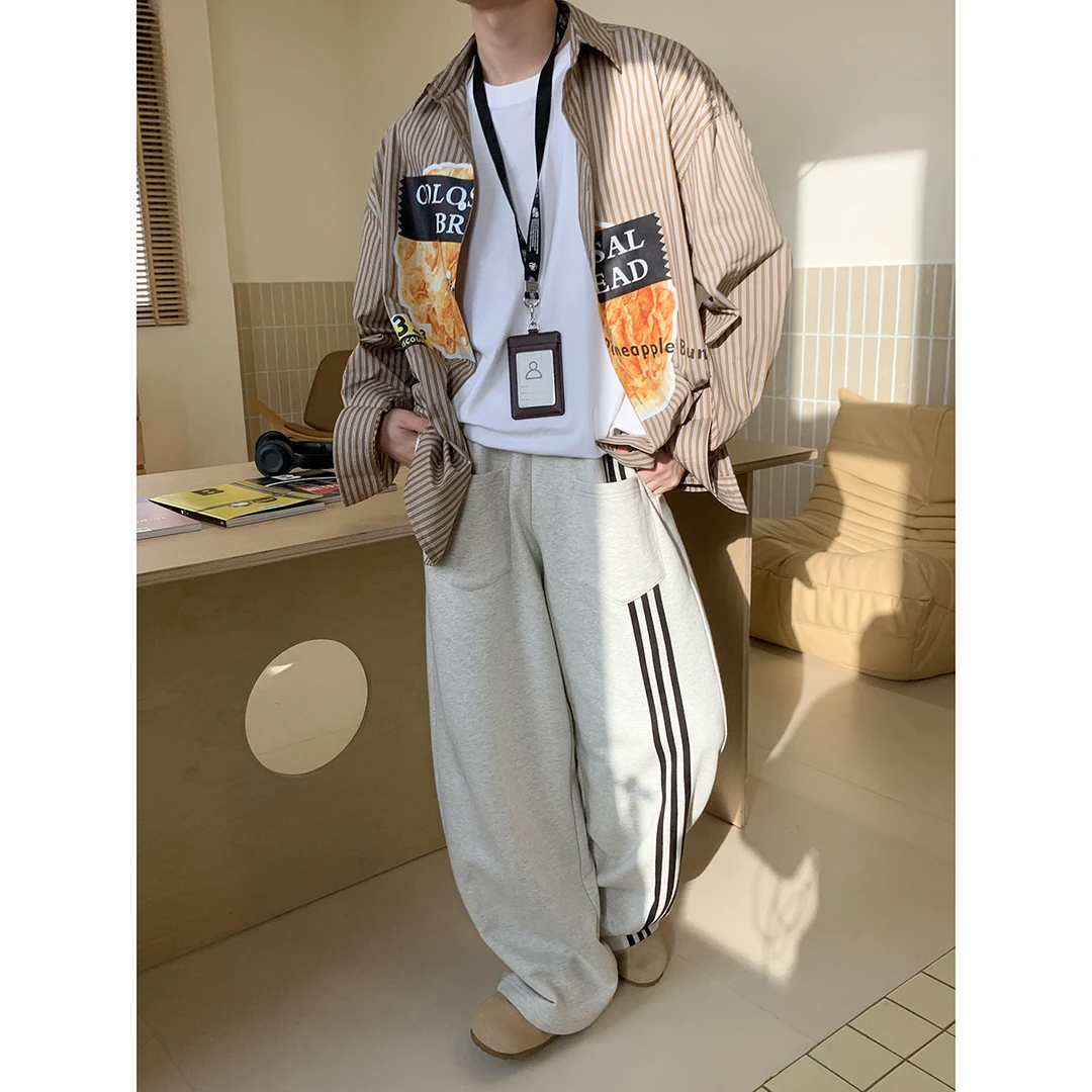 白口阳【首尔大道】燕麦灰卫裤2025年新款春季三条杠休闲长裤KK595