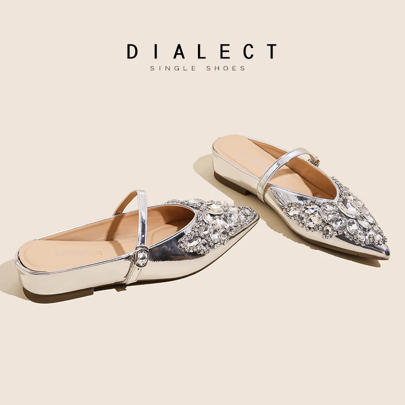 小码31-34尖头凉鞋女2025新款水钻一字带一脚蹬懒人鞋软底内增高