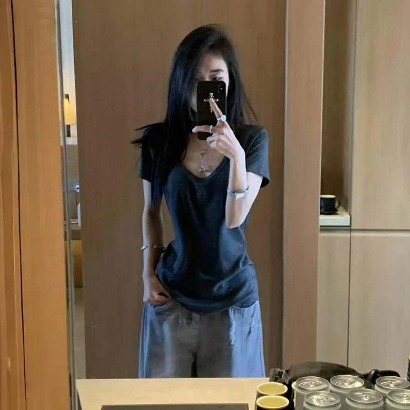 设计感小众正肩U领含棉短袖T恤女夏美式覆古辣妹短款修身显瘦上衣