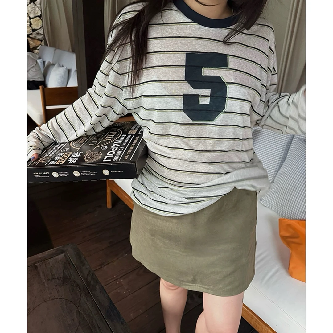 韩系条纹球衣百搭T恤2025夏季新款女装显瘦休闲宽松时尚长袖上衣