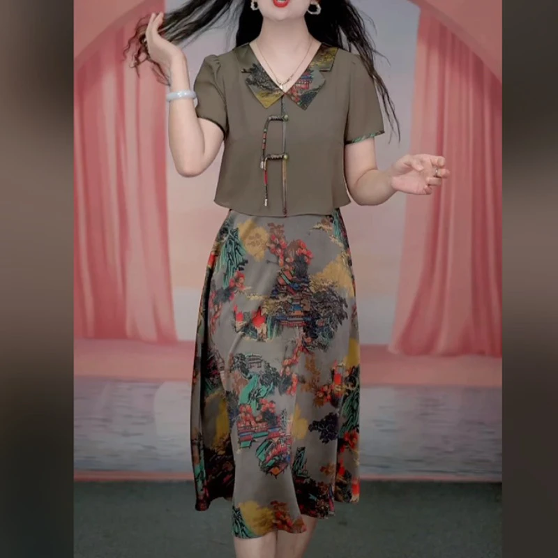 C426精致连衣裙夏季女装2025新款大码遮肚子高级感气质假两件裙子