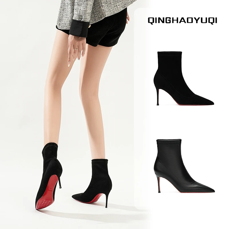 红底弹力瘦瘦靴女2025年秋冬季新款细跟百搭高跟短靴气质尖头靴子