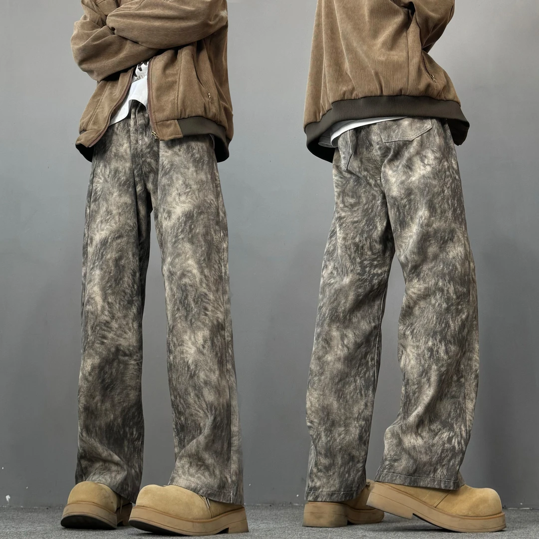 扎染迷彩裤男款直筒宽松工装裤美式复古休闲潮流高街痞帅牛仔裤子