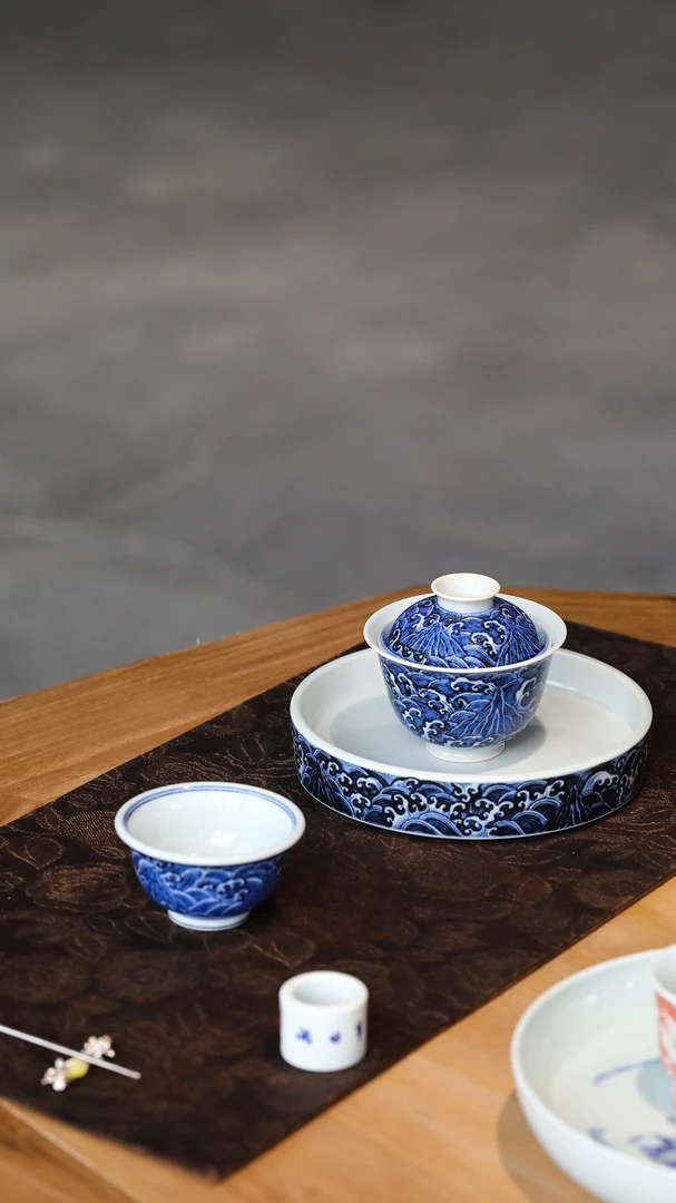 【弥生茶器】且斋慕明江崖海水纹盖碗小压手景德镇陶瓷茶器茶具