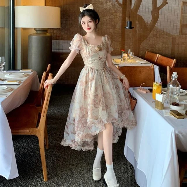 【现货＋运费险】大码胖mm夏季玫瑰法式时尚复古拖尾连衣裙显瘦公主