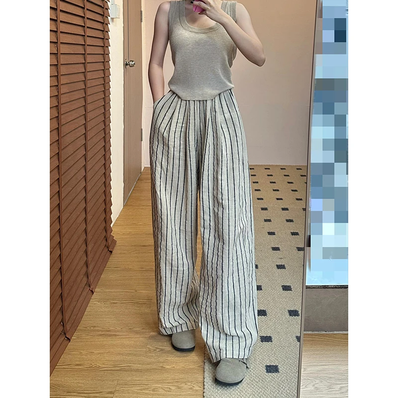 【复古条纹】日系休闲高腰睡裤女夏季新款直筒阔腿长裤子遛弯可外穿