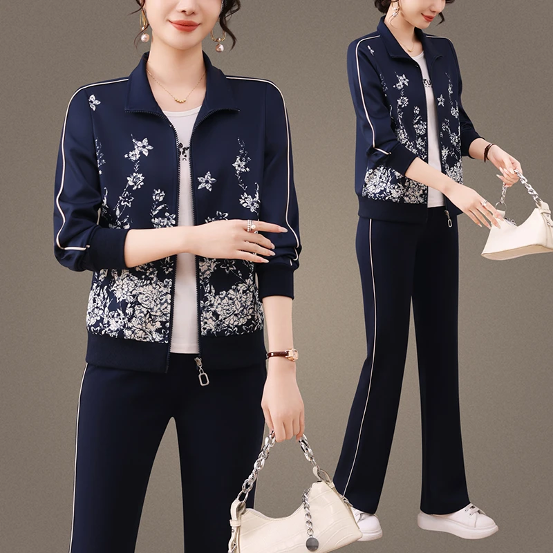 洋气妈妈运动套装女春秋季2025新款时尚休闲印花色立领跑步三件套