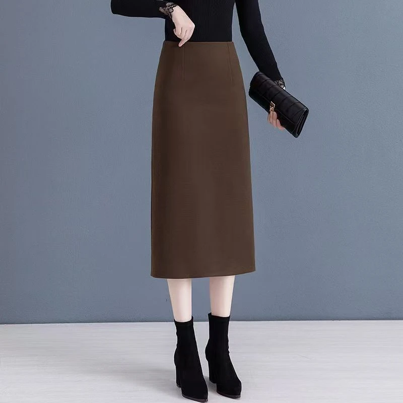 毛呢高级感A字半身裙女秋冬款高腰时尚百搭开叉直筒包臂一步裙子