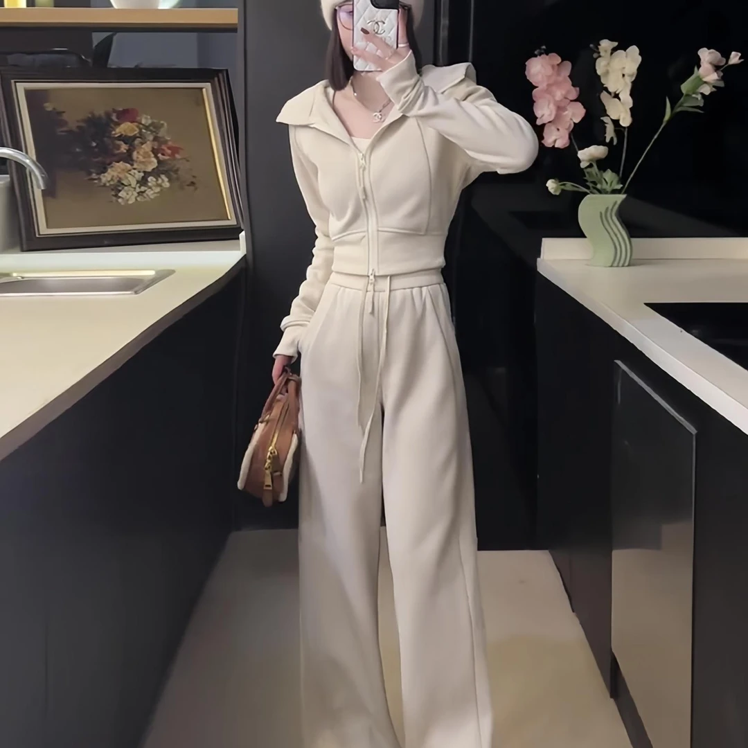 休闲风时尚套装2025秋季新款大翻领双拉链开衫外套直筒阔腿长裤女