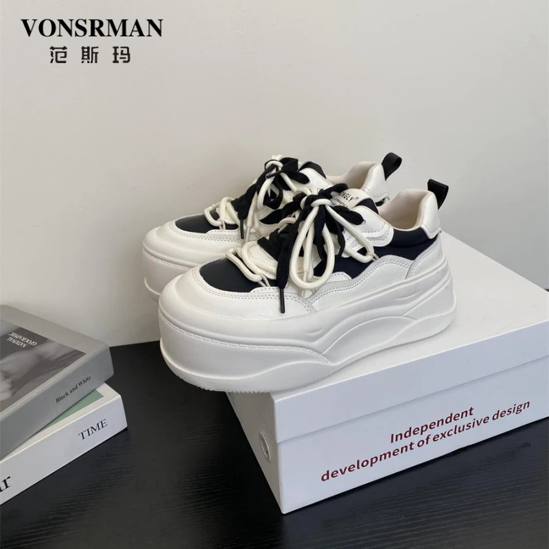 范斯玛厚底小个子松糕鞋女面包鞋2025新款时尚拼色休闲运动鞋潮