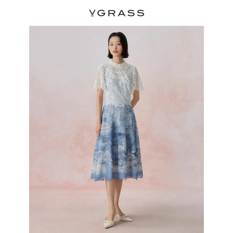 VGRASS丝捻印花叠加水溶蕾丝连衣裙25新款新中式女装VSL2P3301A