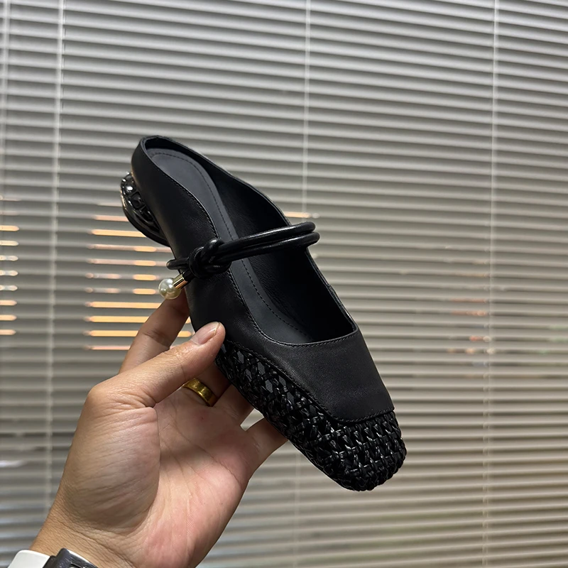 3cm/羊皮/粗跟包头半拖鞋女气质方头透气编织镂空中跟穆勒鞋女40