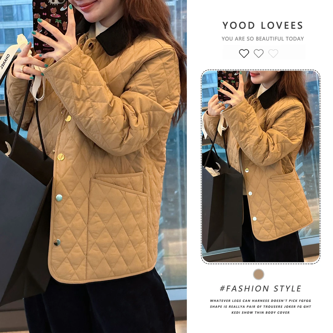 2025新款冬季穿搭新款英伦风时尚翻领上衣单排扣菱格棉服外套女