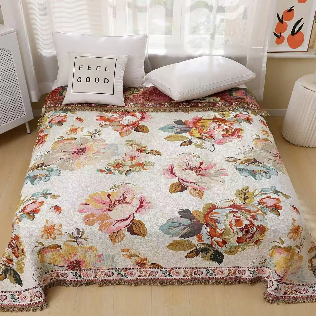 富贵花罗布麻床盖2*2.3汉麻毯纱布盖毯子凉席毛巾被四季通用床单