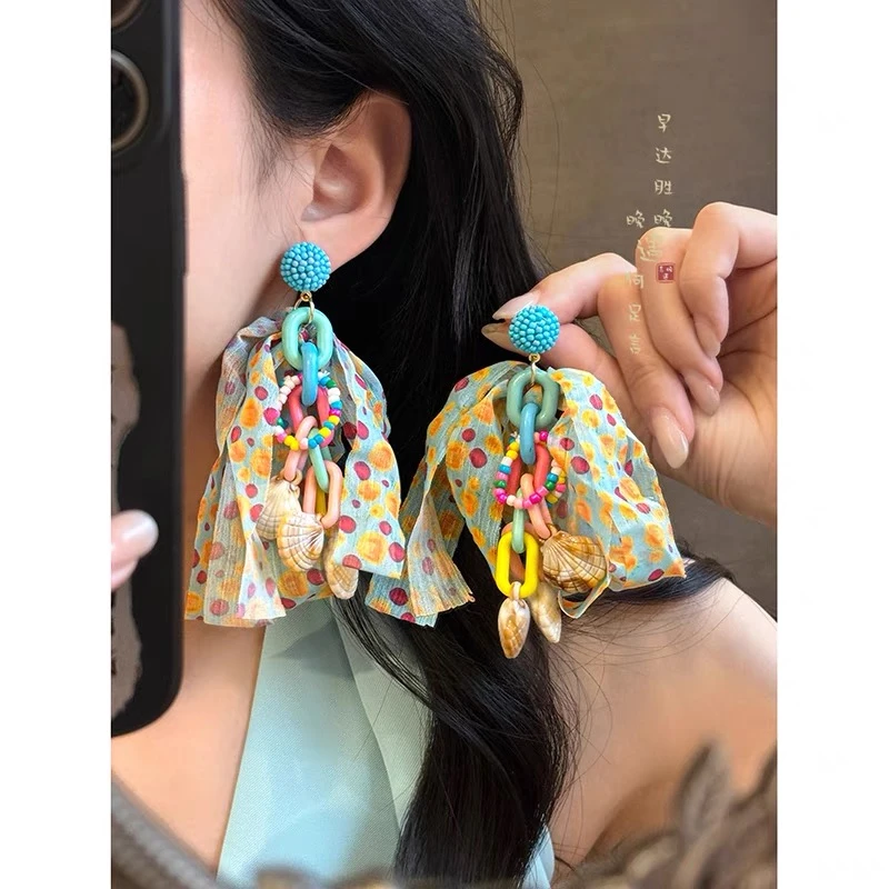 非金属布艺耳饰 多巴胺彩色蝴蝶结米珠耳钉女海边耳钉流苏耳饰品