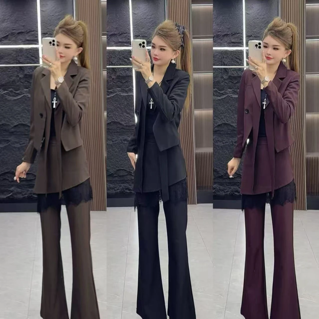 精品0651 气质显瘦翻领西服外套 加 高腰蕾丝边微喇长裤 两件套