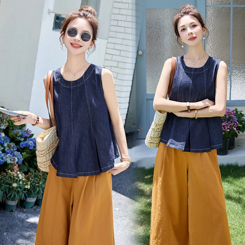 法式气质复古休闲高级感文艺时尚牛仔无袖上衣阔腿裤两件套夏装