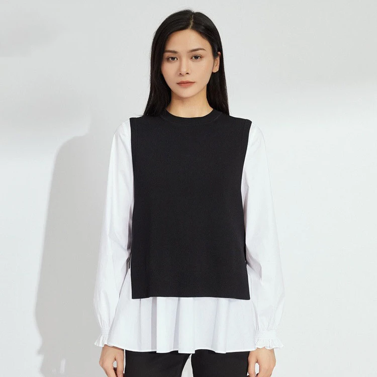 【姐妹品质】商场同款新款百搭圆领后开叉上衣针织马甲背心1399701