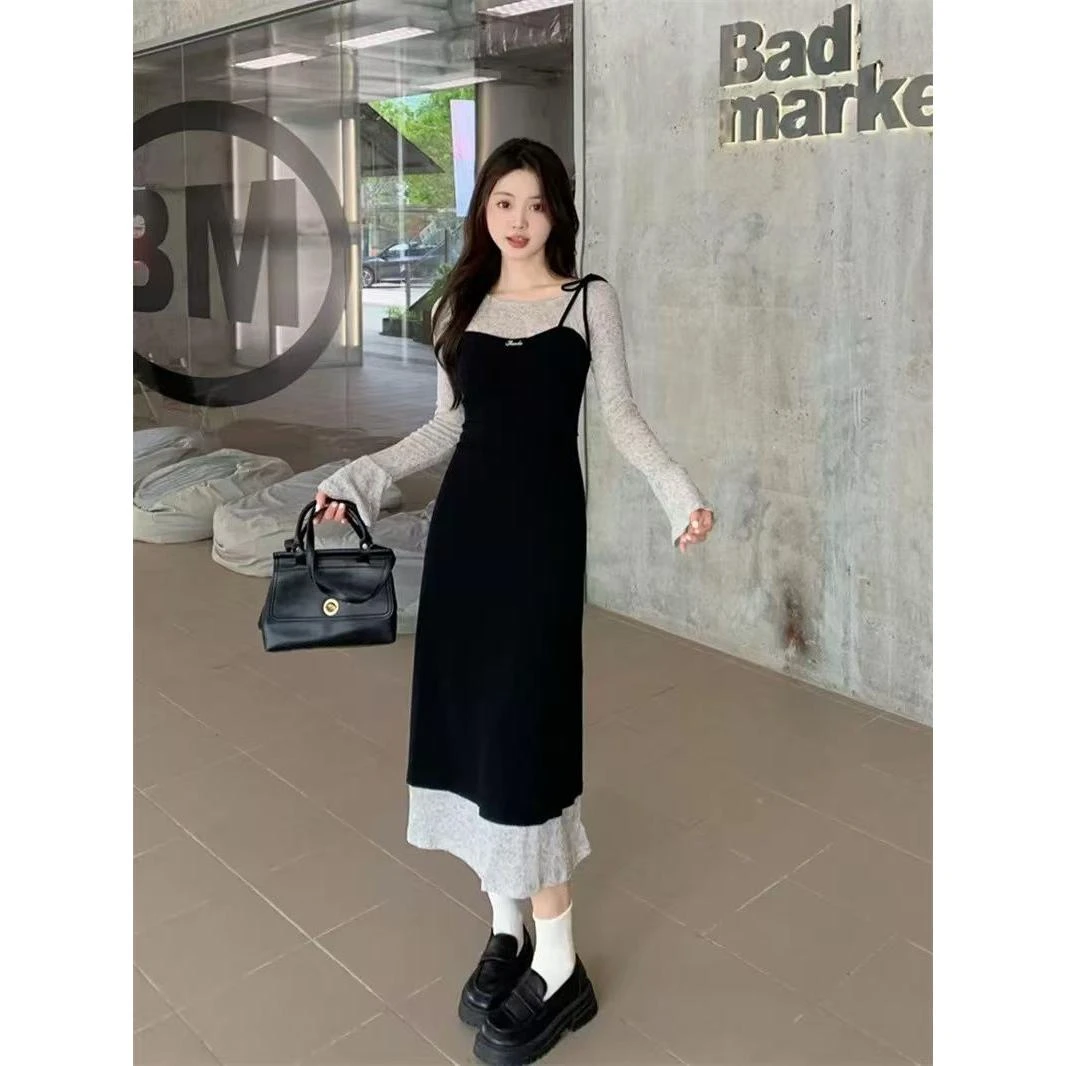 【原版】法式假两件修身喇叭袖连衣裙女2025新款秋季梨型身材裙子