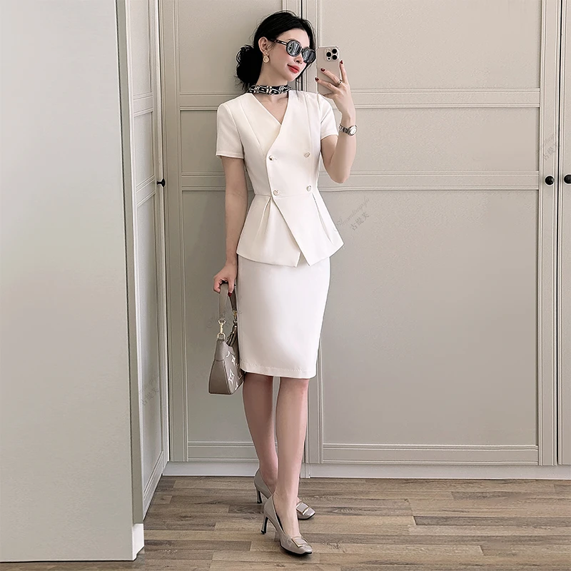 短袖外套职业女裙套装米色名媛轻奢洋气连衣裙时尚职业西服套装女