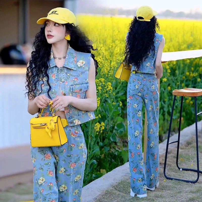 时尚休闲减龄碎花牛仔套装女2025夏新款港风POLO领无袖马甲阔腿裤