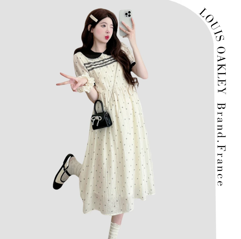 法国LOUIS OAKLEY2025夏季奶系娃娃领波点连衣裙女泡泡袖甜美长裙