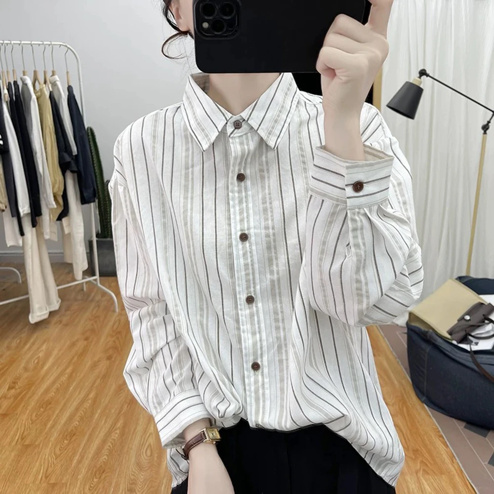 韩版复古条纹纯棉长袖衬衫女减龄休闲上衣早秋新款polo领宽松衬衣
