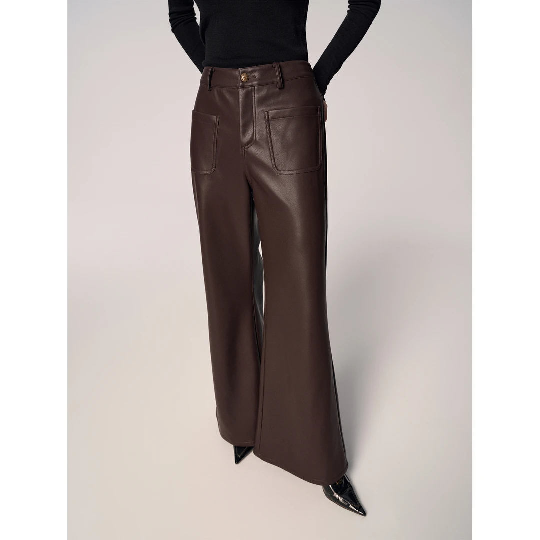 周淼【野行玫瑰】秀场风复古加绒低腰微喇裤小香PU皮裤女ZM25K6521S