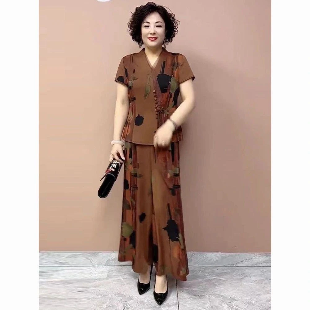 哥弟阿玛施正品中老年妈妈高级感垂感洋气套装婆婆夏装宽松大码阔