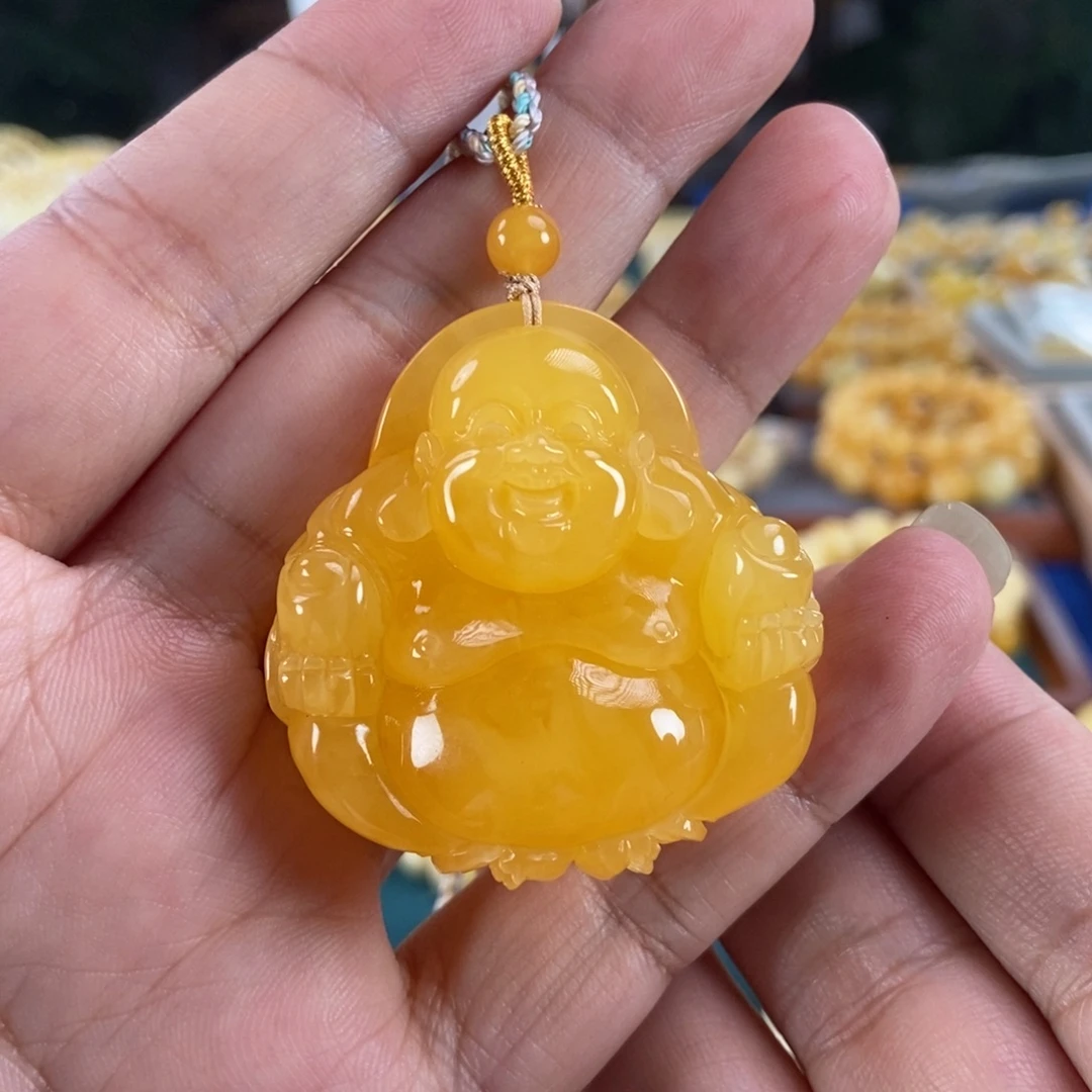琥珀未镶嵌珠宝奇石鸡油黄蜜蜡笑佛25.65
