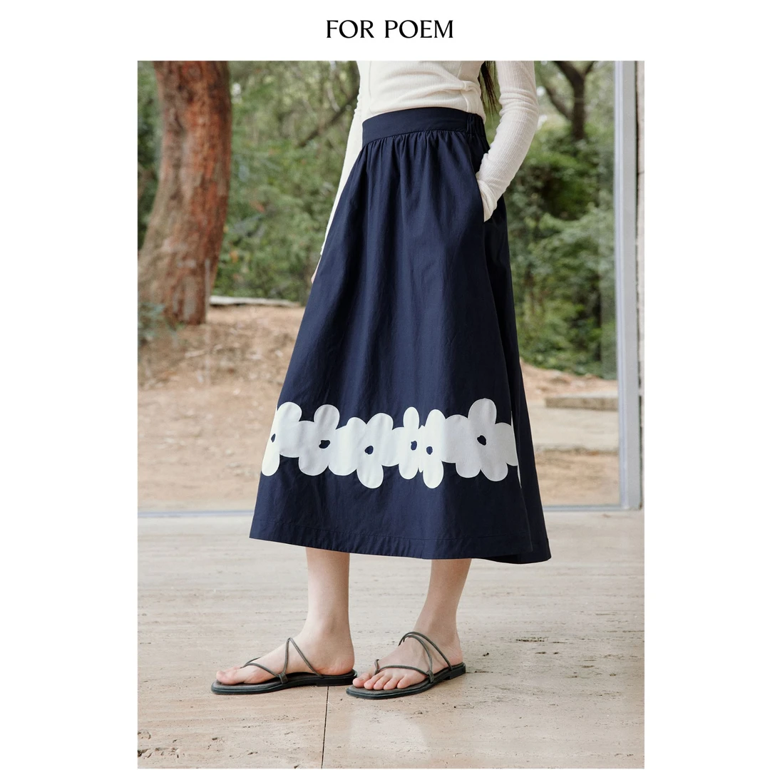 ForPoem 25/SS 原创设计前后两穿贴布花朵中长款高腰A字半身裙女