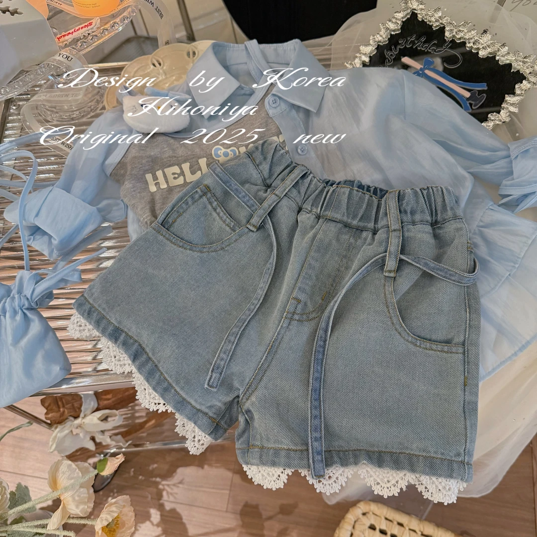 【丹宁辣妹】六Hihoniya~2025夏季欧若风亲子蕾丝边拼接牛仔短裤
