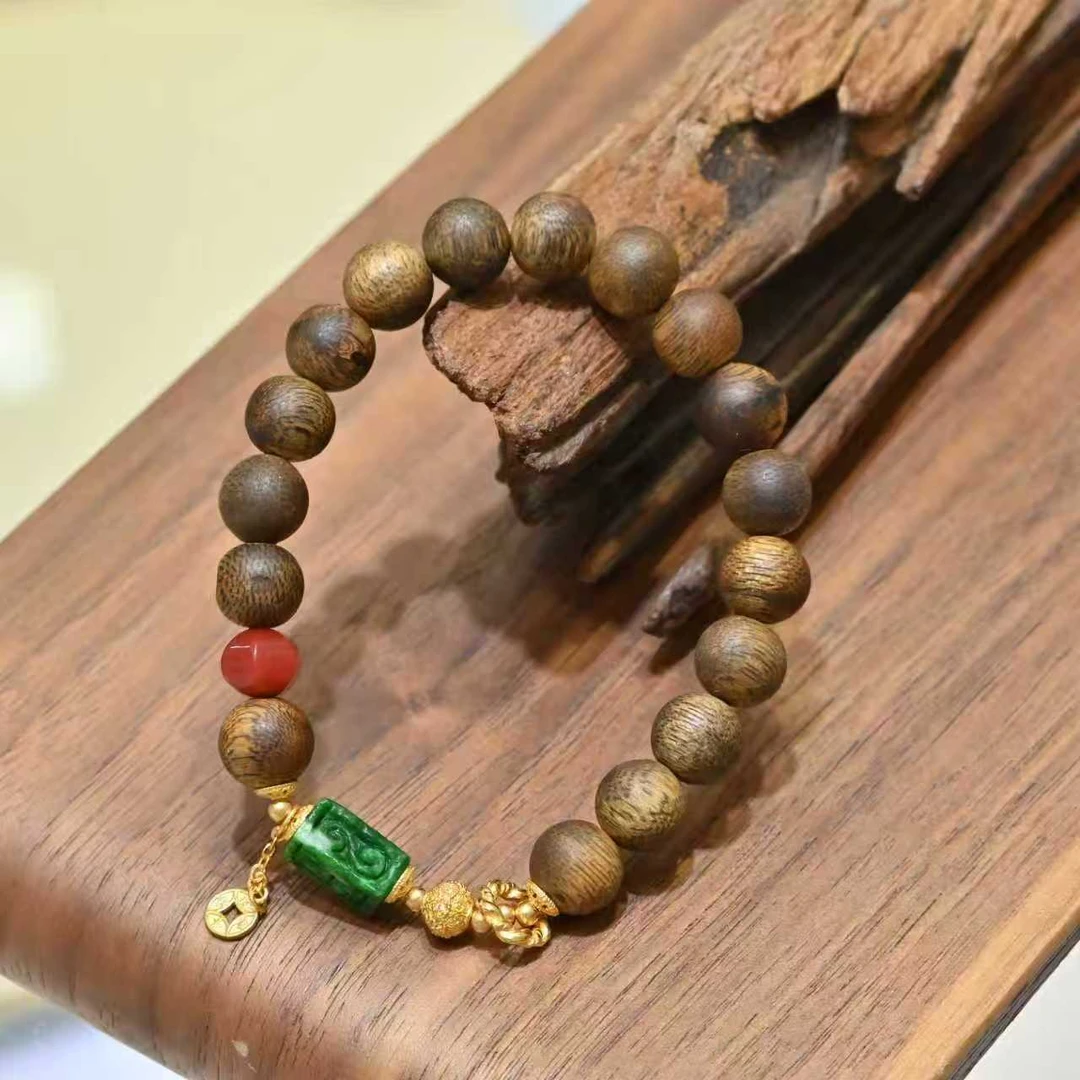 沉香S0281奇楠沉香手串搭配翡翠桶珠9mm