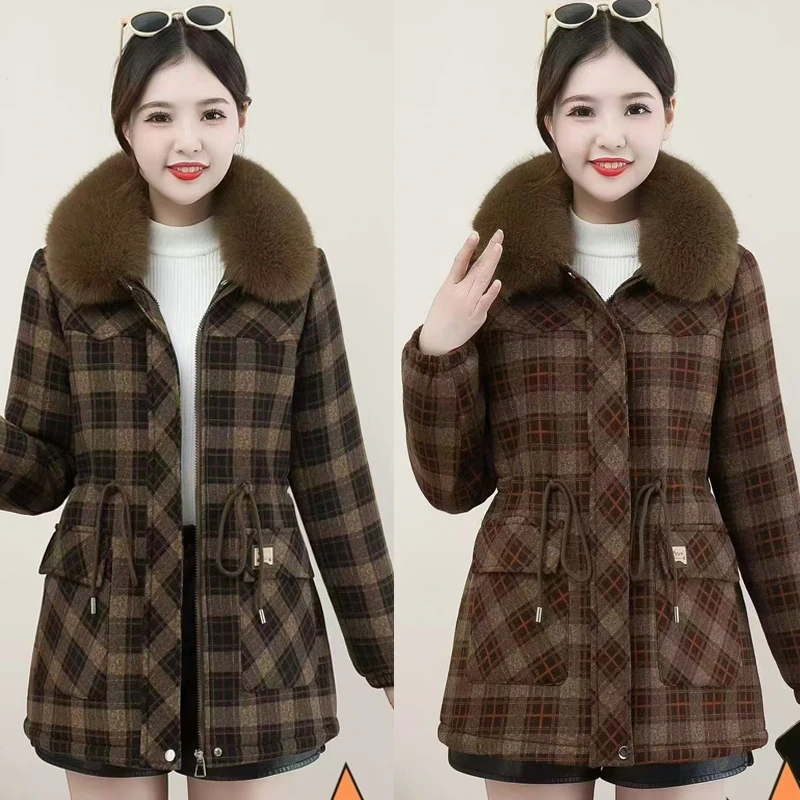 中老年妈妈装格子外套加绒加厚毛领冬季时尚大衣棉服棉袄