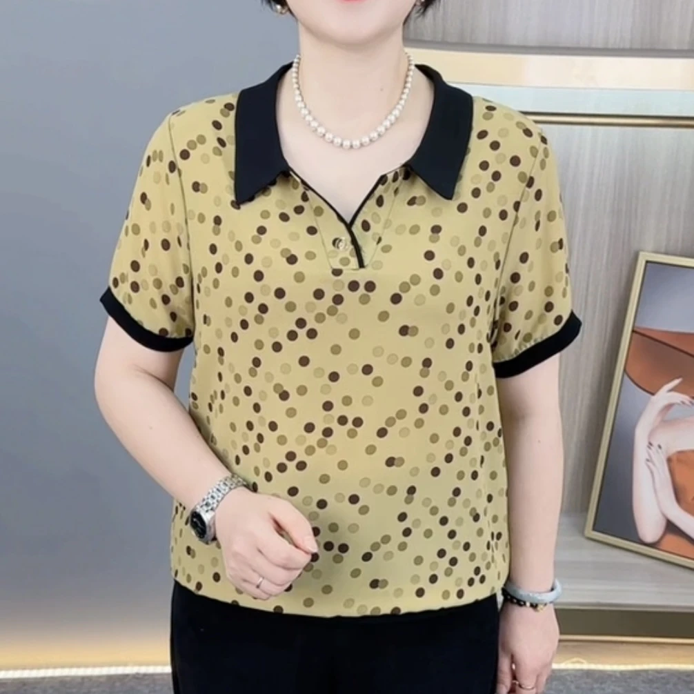 夏季新款时尚翻领圆点印花中老年气质妈妈装宽松显瘦短袖上衣8869