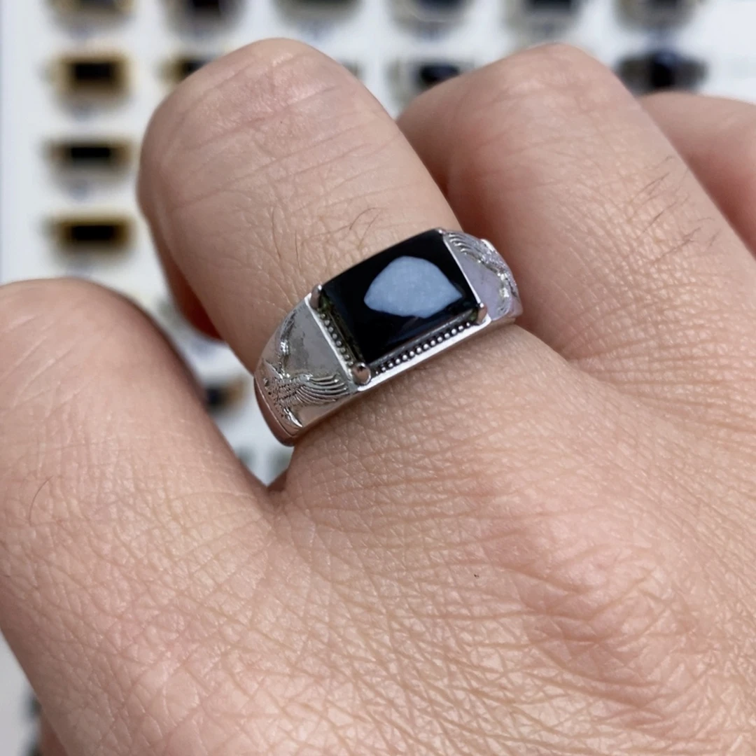 翡翠银S925镶嵌戒指墨翠戒指