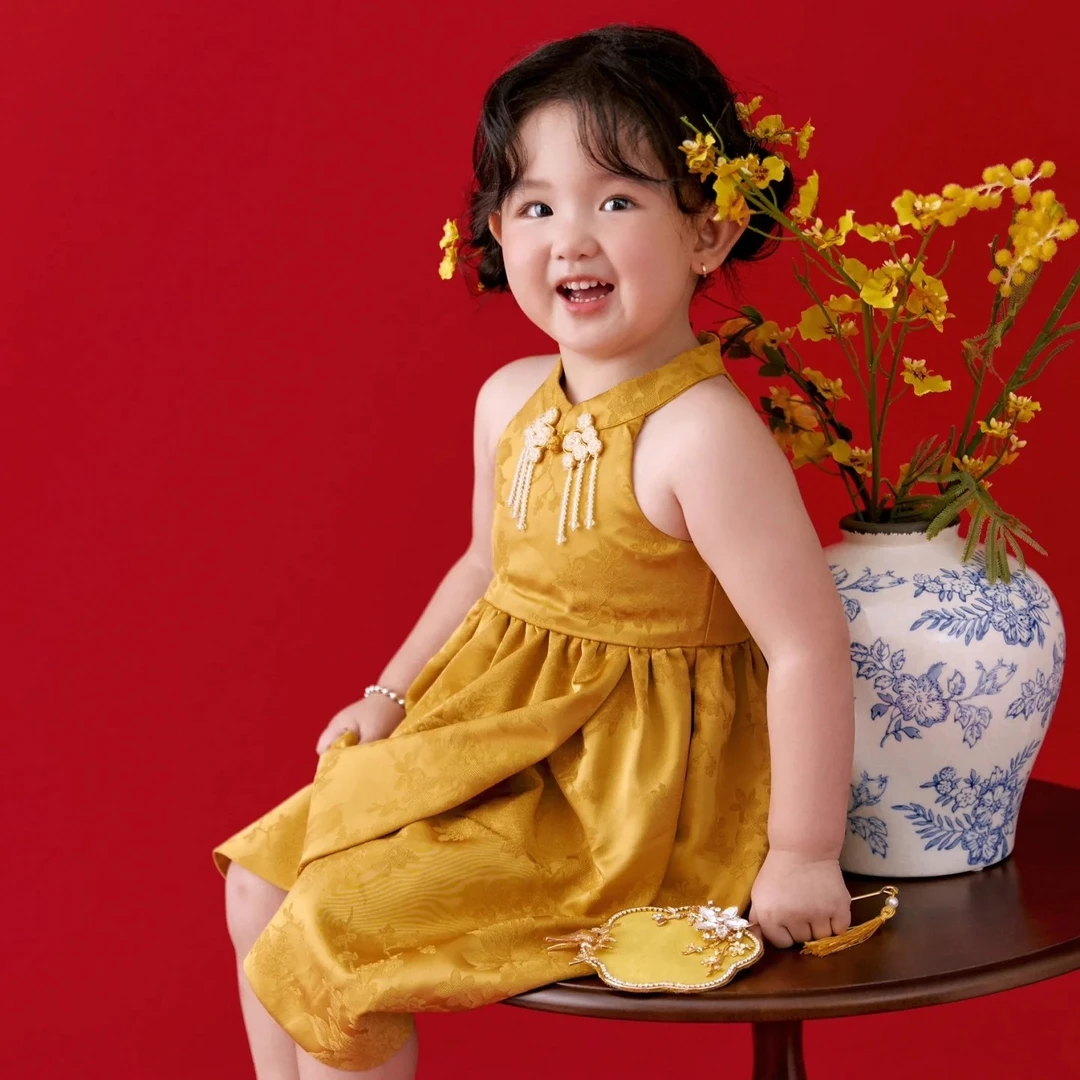 影楼主题女童礼服新款儿童裙子小女孩演出公主裙时尚摄影黄色礼服