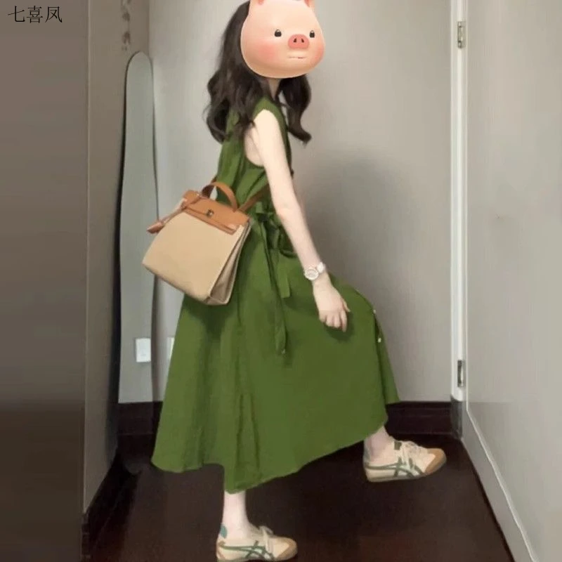 优质质量！法式绿色翻领无袖连衣裙女夏季复古气质单排扣开衫长裙