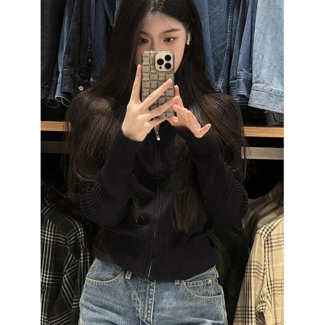 短款拉链设计感显瘦上衣毛针织衫毛衣美式辣妹风百搭甜酷外套女