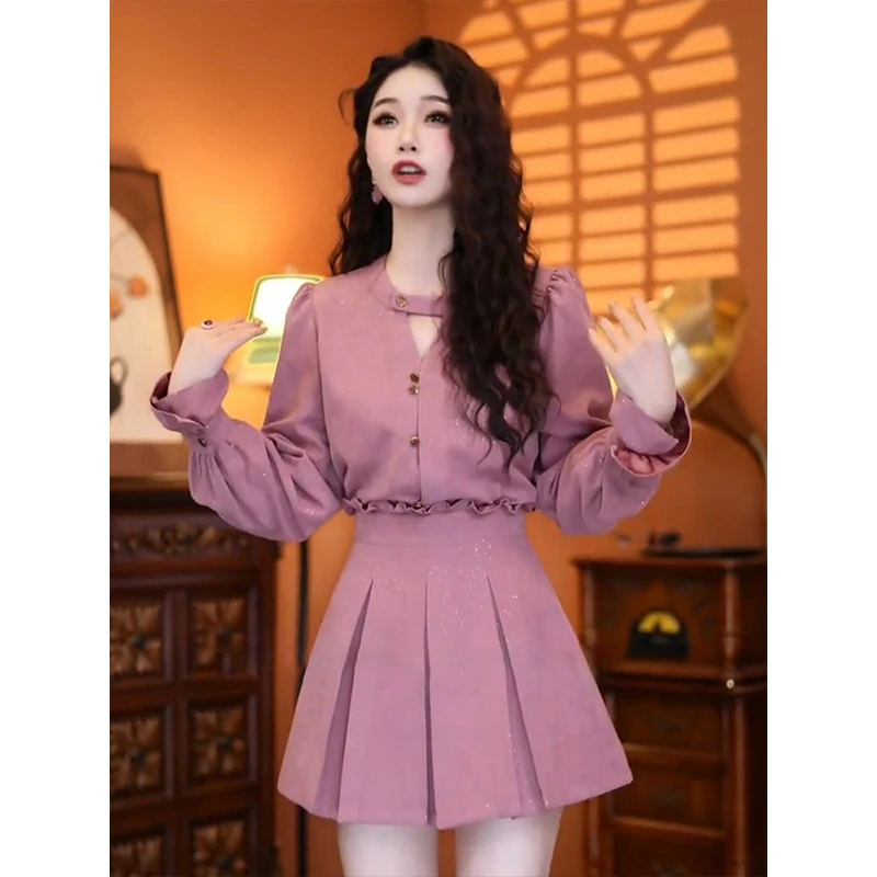 516#独特超仙学姐套装春显瘦设计减龄V领花瓣袖上衣+花苞裙两件套