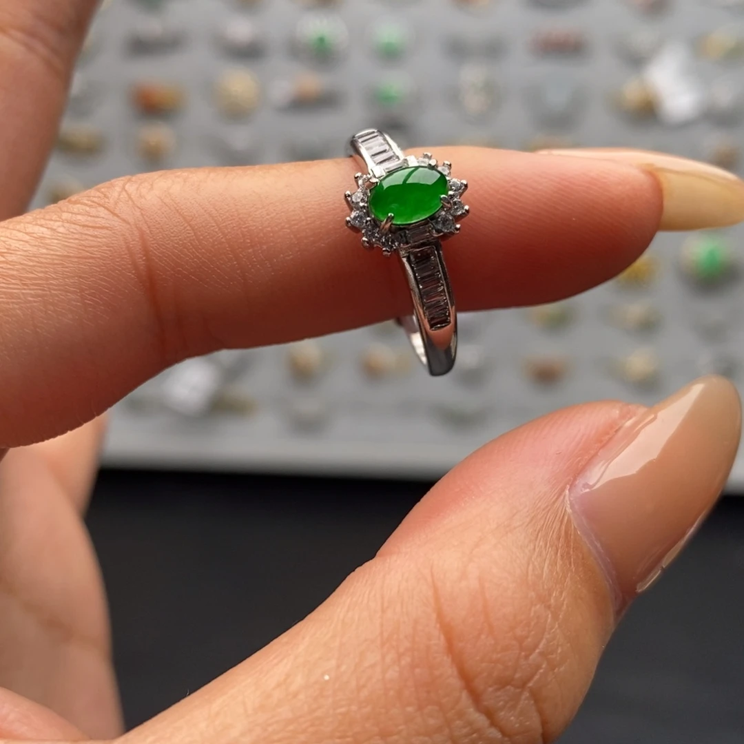 一***北翡翠银S925镶嵌戒指天然翡翠